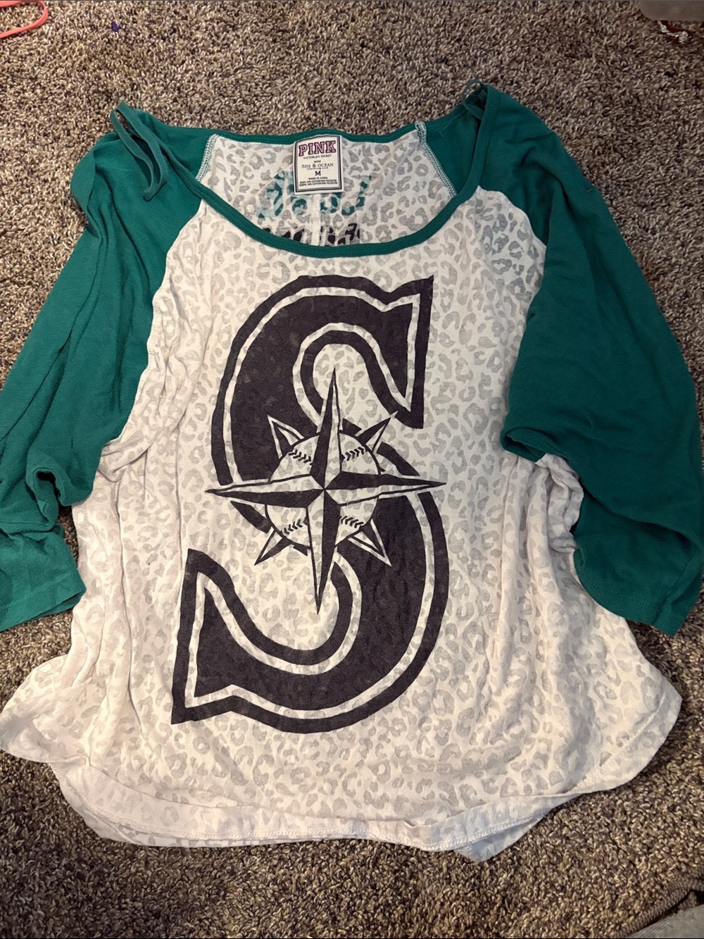 PINK Victoria's Secret Teal Sleeve White Leopard Graphic Raglan Tee
